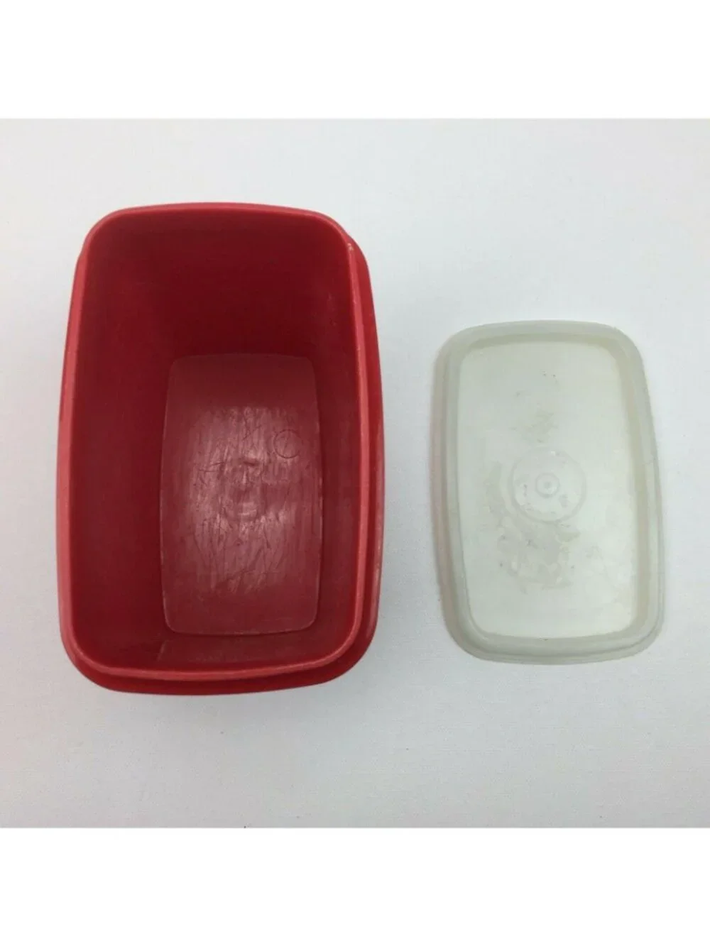 Vintage Tupperware Shelf Saver Red Container Sheer Clear Lid 1243-2 Modular